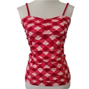 NWT Lime Ricki Red & Pink Gingham Shirred Ruched Tankini Top Size XS